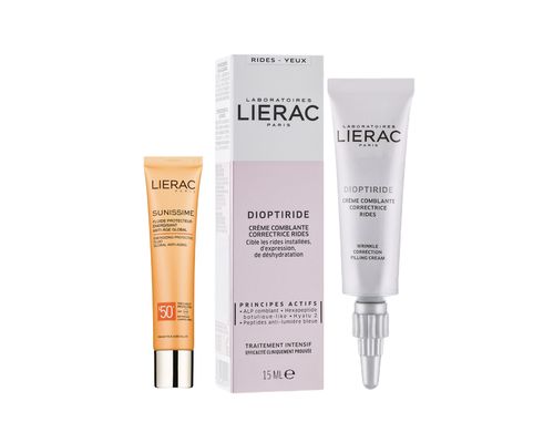 Набір Lierac (Крем-філлер Dioptiride Creme Comblante для шкіри навколо очей для корекції зморшок 15 мл + Захисний флюїд Sunissime SPF 50+ 10мл)
