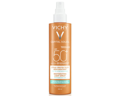 Сонцезахисний спрей Vichy Capital Soleil Beach Protect Anti-Dehydration Spray SPF 50+ з гіалуроновою кислотою, проти зневоднення шкіри + захист від солі та хлору 200 мл