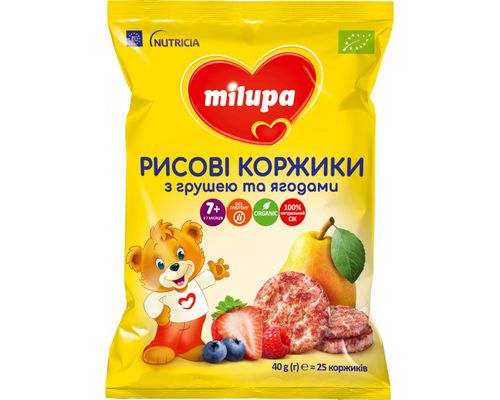 Рисові коржики Milupa з грушею та ягодами для харчування дітей від 7 місяців 40 г