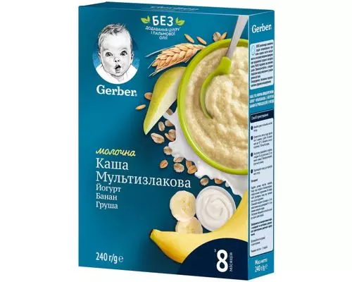 Дитяча каша Gerber Суха молочна швидкорозчинна Мультизлакова з йогуртом, бананом і грушею для дітей з 8 місяців 240 г